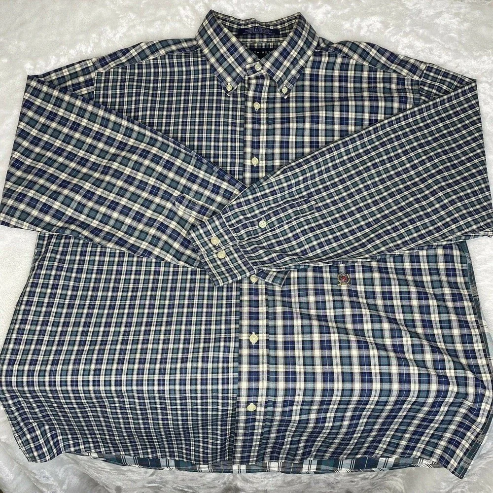 Vintage Tommy Hilfiger Men's Green Plaid Long Sleeve Button Down Shirt Sz L